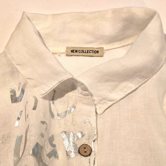 Made in Italy New Collection White Silver Graffiti Linen Button-up Shirt Dress - Picture 7 of 10